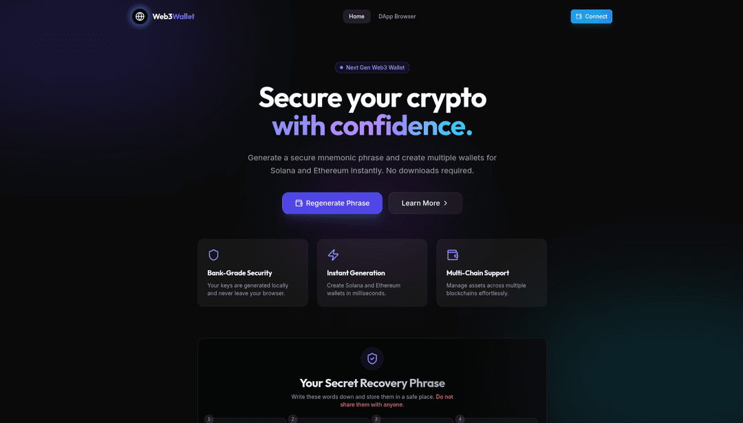 Web3 Wallet project screenshot showing the application interface and features